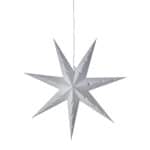 Vit julstjärna UNI i papper, släckt, med utskurna detaljer i form av pilar.