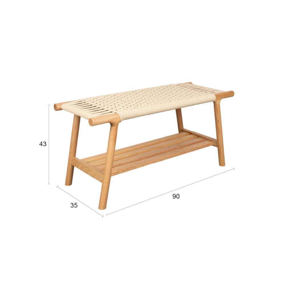Bänk i massiv ek med flätad sits och angivna mått 90 x 35 x 43 cm