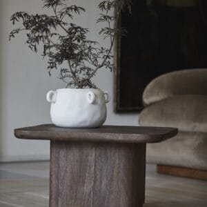 Japandi inredning med vit keramikvas, kvist och träbord i lugn miljö