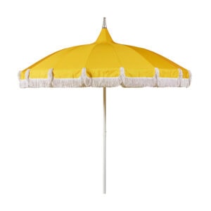 Gult parasoll Santiago uppfällt med dekorativa fransar
