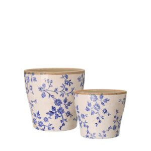 Ulrika kruka i stengods med blått blommönster på vit botten, två storlekar