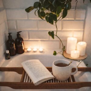 Stämningsfullt badrum med vit kakelvägg, levande ljus och badbricka i trä med en öppen bok och en rund, ljus keramikmugg. En grön hängväxt och mörka glasflaskor skapar en lugn och ombonad spakänsla.