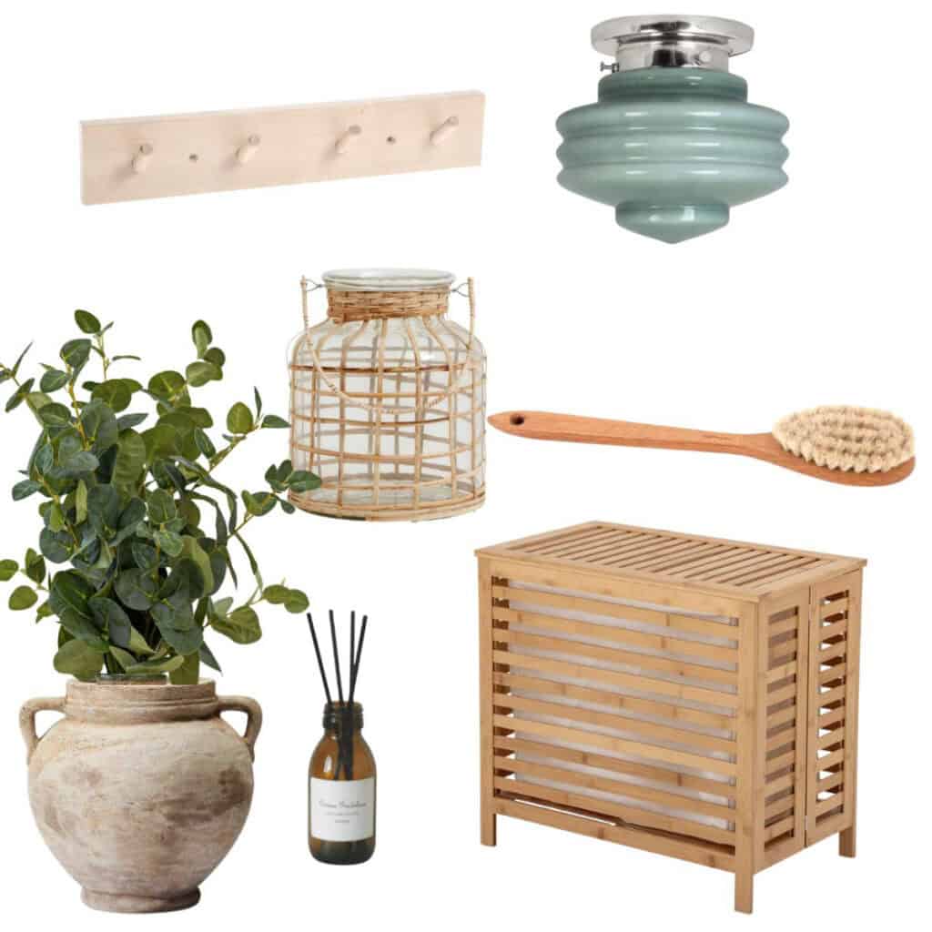 Kollage med badrumsinredning i lugn naturstil: trädetaljer, kroklist i ljust trä, grön taklampa i glas, växt i kruka, förvaringskorg, doftpinnar och borste i naturmaterial.