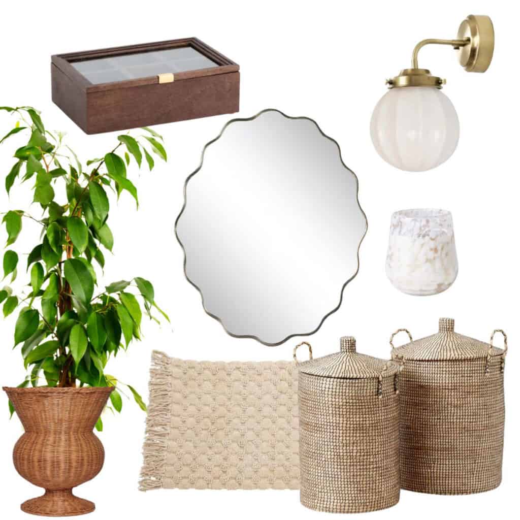 Kollage med badrumsdetaljer i klassisk stil: spegel i antik mässing, vägglampa i mässing och opalglas, träask, grön krukväxt, textilier och flätade korgar i naturmaterial.