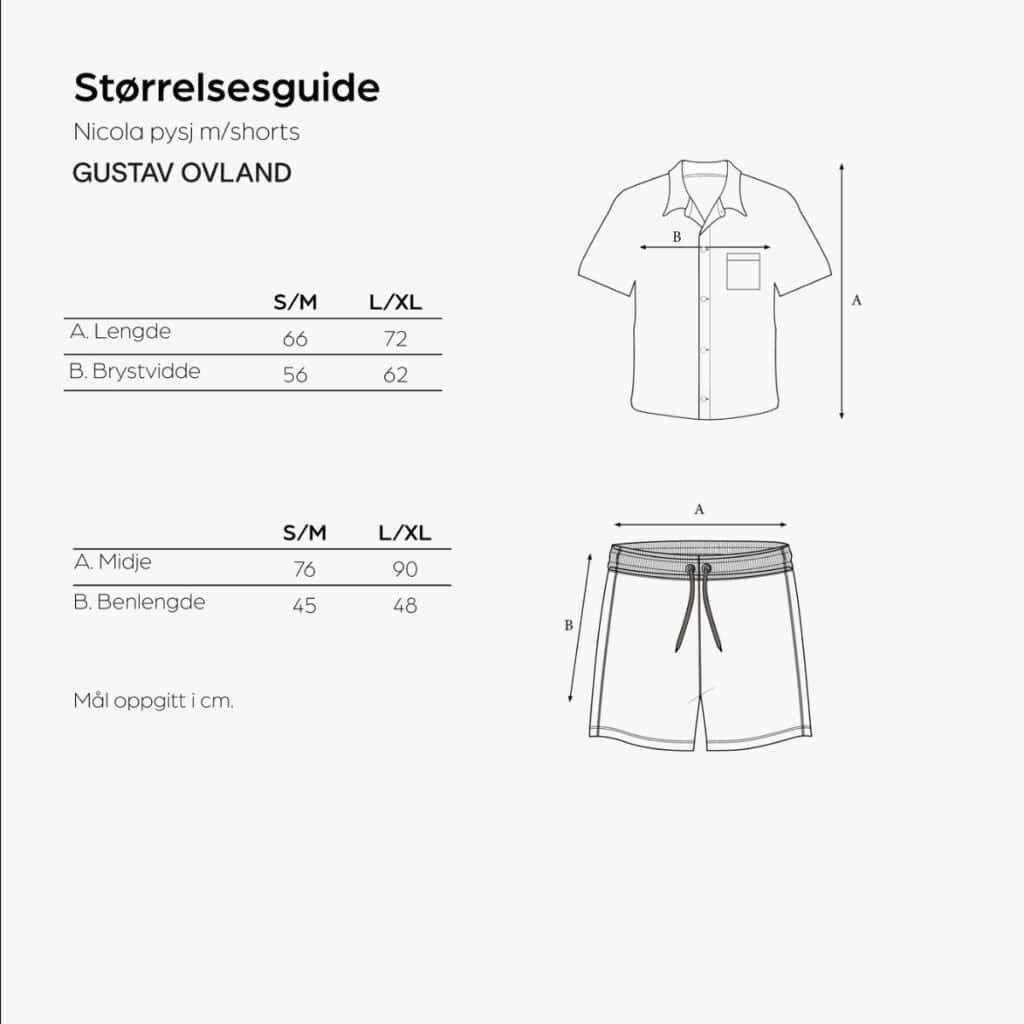Storleksguide för Pyjamas NICOLA med shorts från Gustav Ovland med mått i cm för S/M och L/XL
