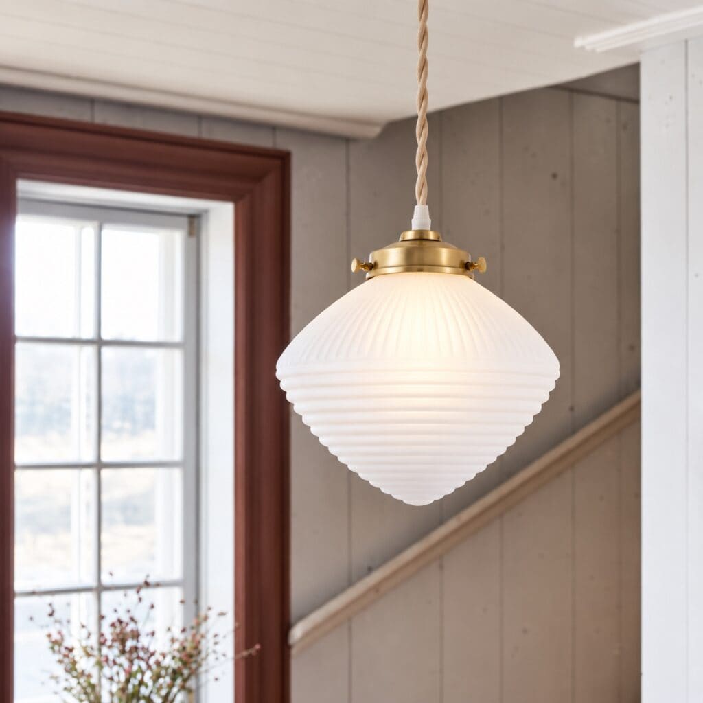Taklampa Alfred i mässing och frostat ribbat glas i hall