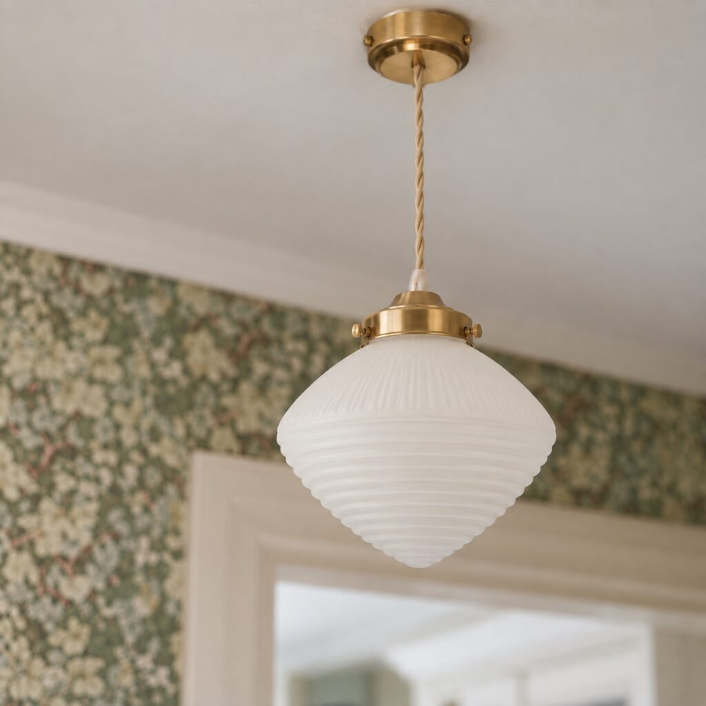 Taklampa Alfred i mässing med frostat ribbat glas och tvinnad sladd
