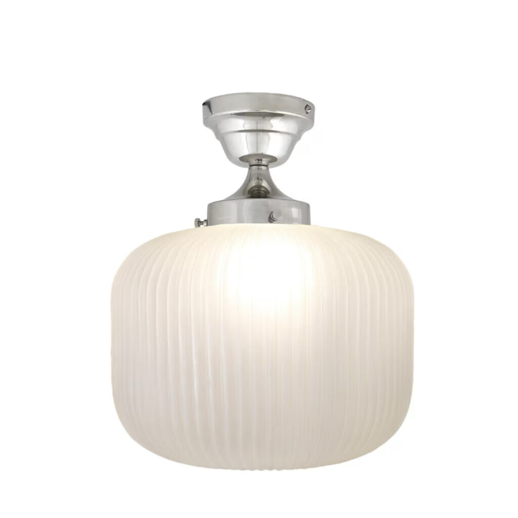 Taklampa Eli i nickel med frostat glas, räfflad glaskupa