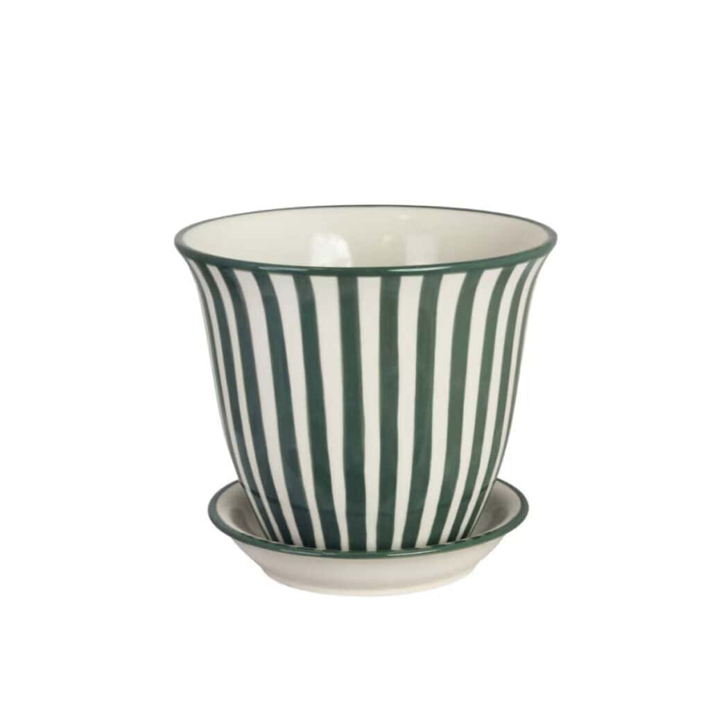 Handmålad randig kruka i mörkgrönt stengods med fat