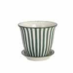 Handmålad randig kruka i mörkgrönt stengods med fat