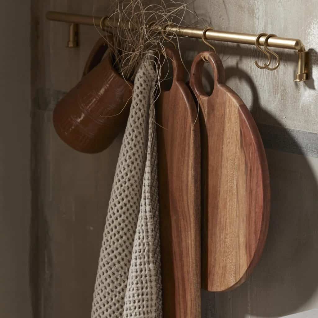 Kroklist i mässing i kök med skärbrädor och kökshandduk