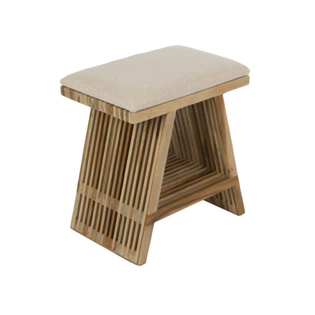 Pall i teak med tygsits i off white, 40 cm