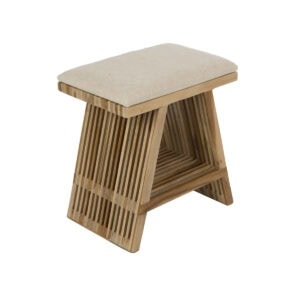 Pall i teak med tygsits i off white, 40 cm