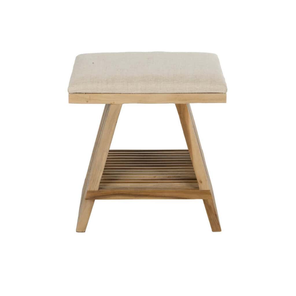 Pall i teak med tygsits i off white, sidovy