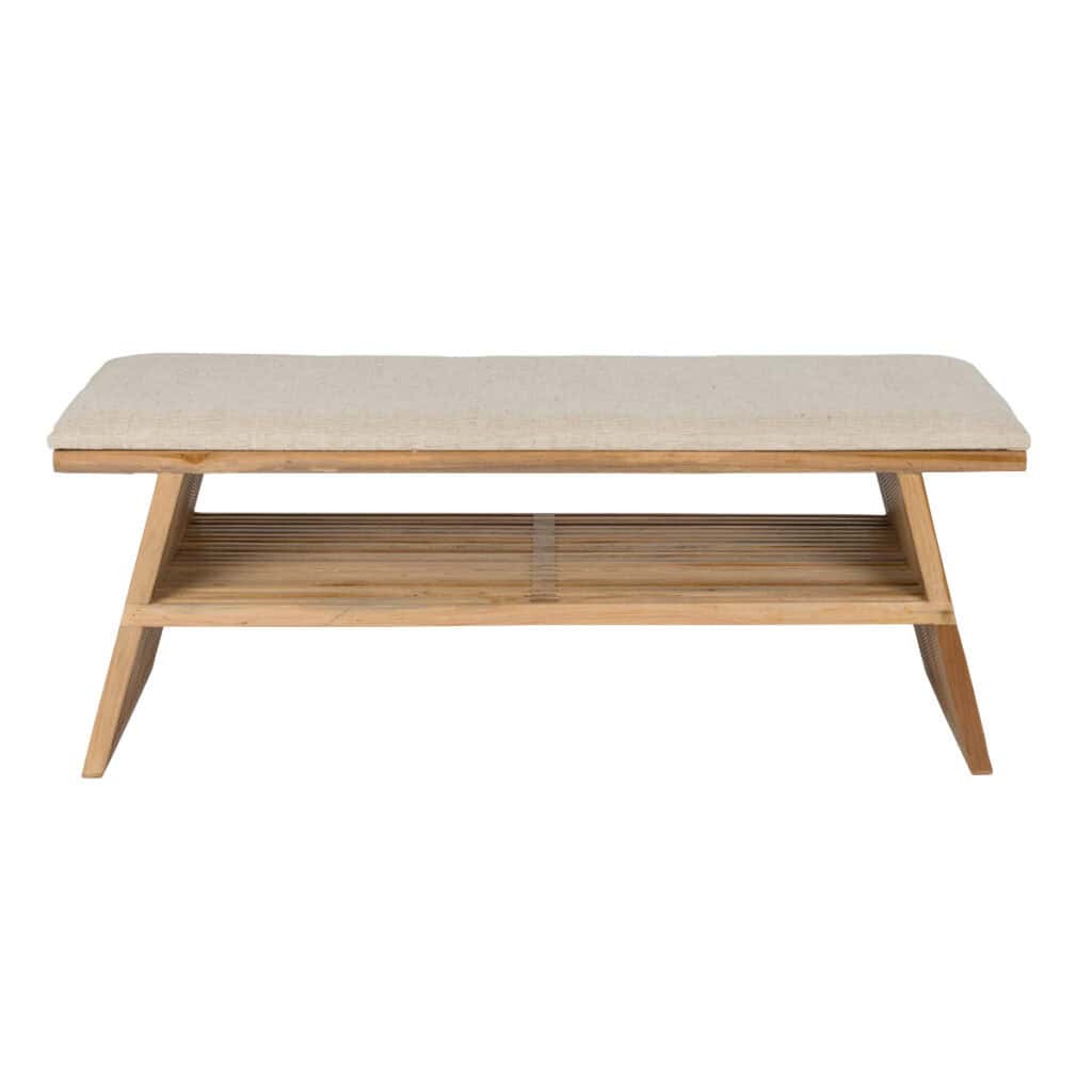 Bänk Djia framifrån i teak med offwhite dyna