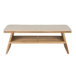 Bänk Djia framifrån i teak med offwhite dyna