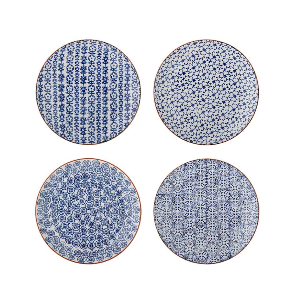 Fyra blåmönstrade assietter i stengods, 4-pack, 20 cm