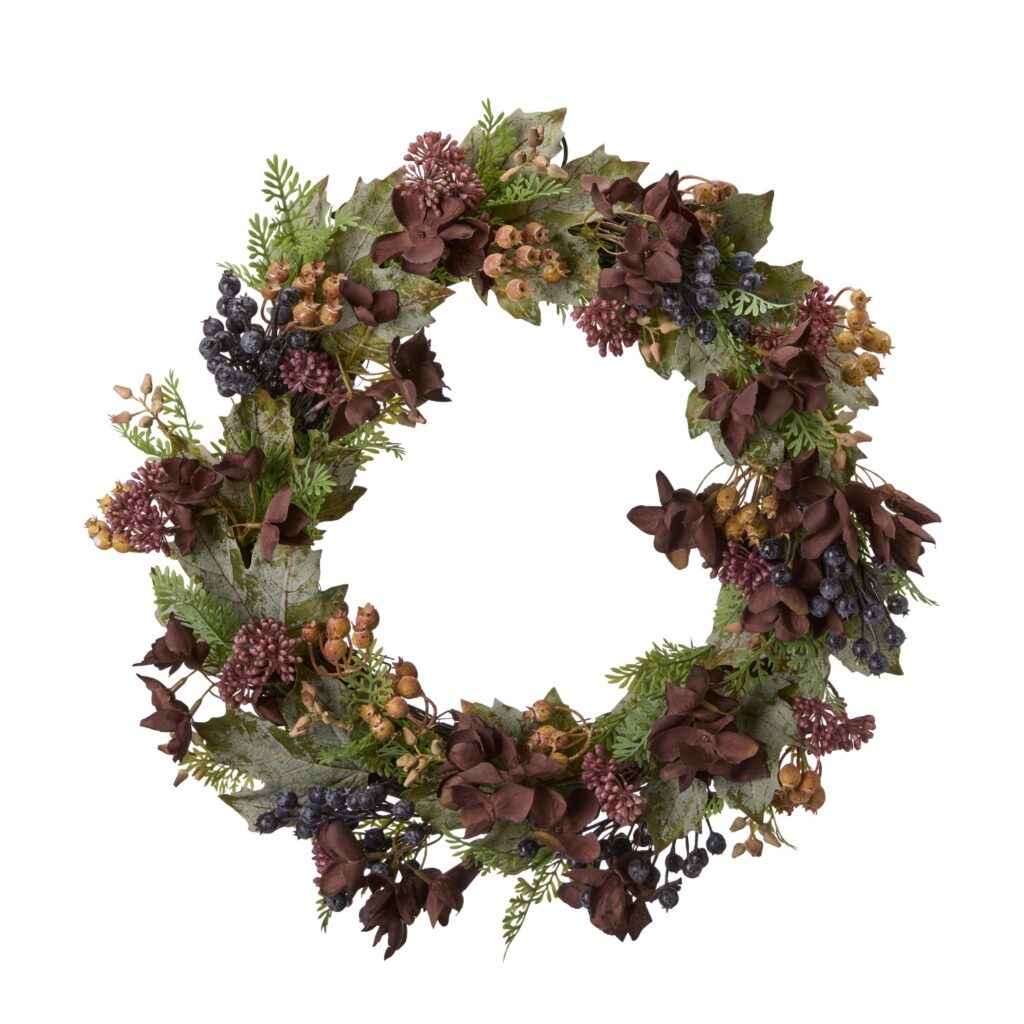 Konstgjord höstkrans med hortensia, gröna blad och bär i vinröda toner, 45 cm