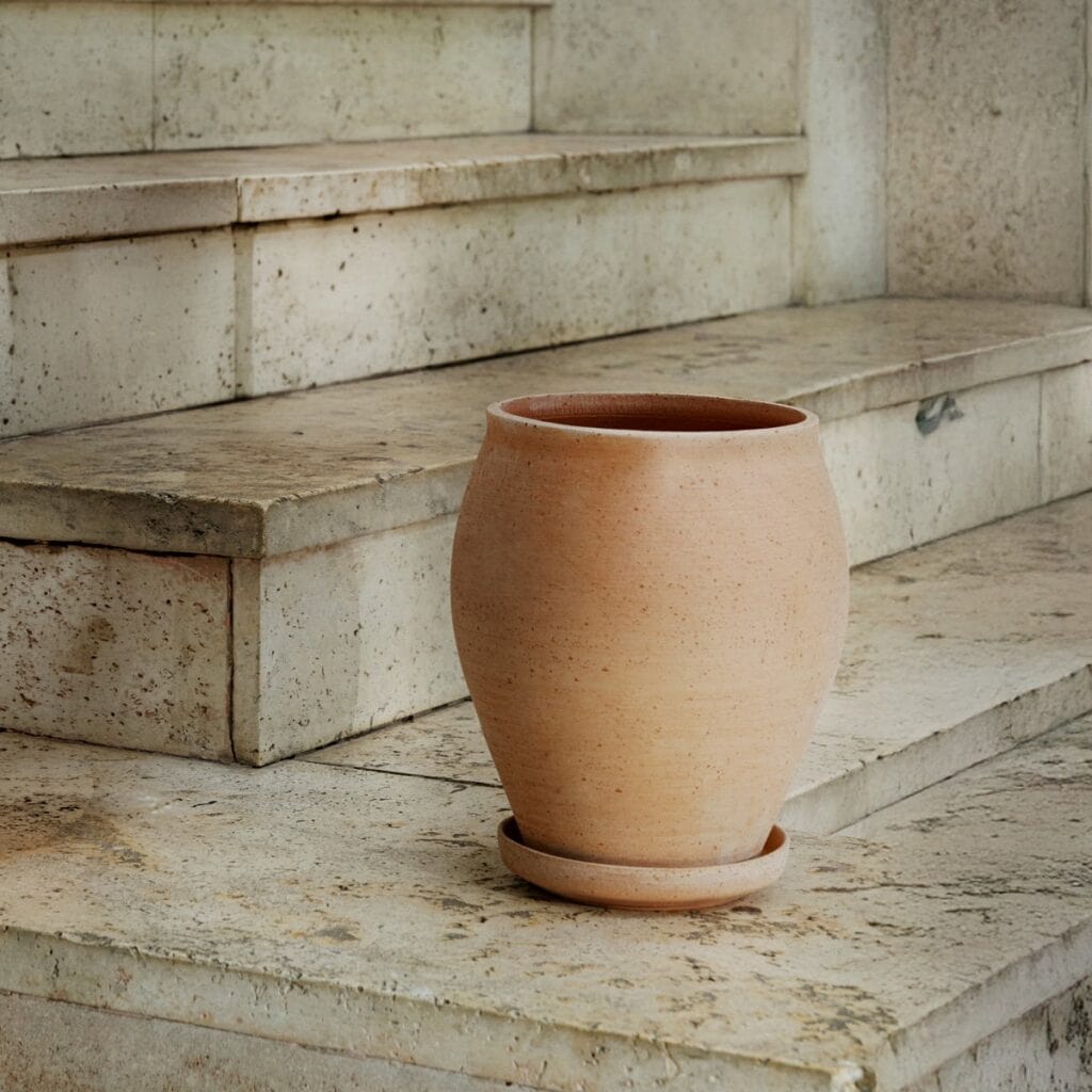 Rosa terrakottakruka Delphi från Bergs Potter på uteplats