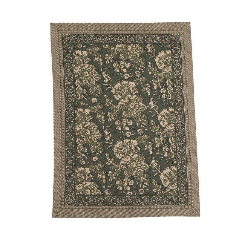 Kökshandduk Sonia från Fondaco i mörkgrönt och beige med dekorativt mönster och bård, 50x70 cm.